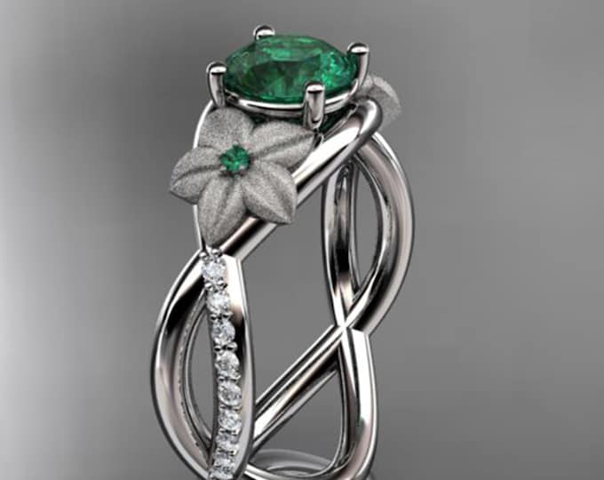 Flower Engagement Ring 1 CT Round Emerald 14k White Gold Nature Inspired Ring