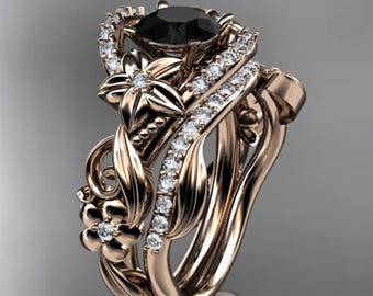 Nature Inspired Wedding Ring Set 14k Rose Gold 1 Carat Black Diamond Unique Flower Engagement Ring with Matching Band
