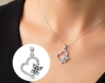 14k Gold Diamond Heart Pendant Butterfly Nature Inspired Necklace Lab Grown Diamond