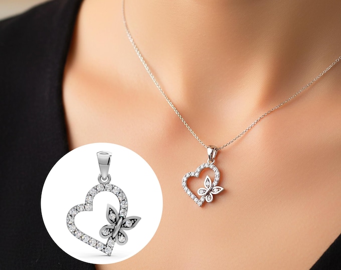 14k Gold Diamond Heart Pendant Butterfly Nature Inspired Necklace Lab Grown Diamond