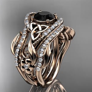 Keltische Braut-Set Black Diamond Natur inspiriert Verlobung Set 14k Rose Gold Double Matching Band