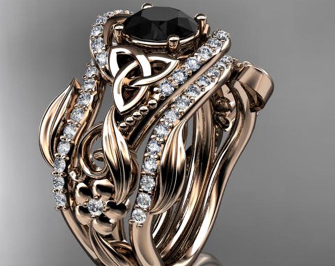 Celtic Bridal Set Black Diamond Nature Inspired Engagement Set 14k Rose Gold Double Matching Band