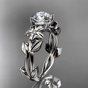 Round Diamond Nature Inspired Engagement Ring 14k White Gold Lab Grown Diamond Unique Wedding Rings