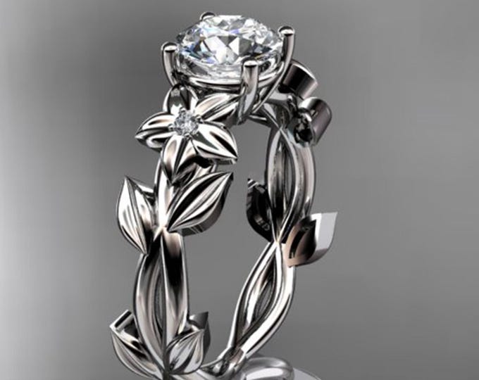 Round Diamond Nature Inspired Engagement Ring 14k White Gold Lab Grown Diamond Unique Wedding Rings