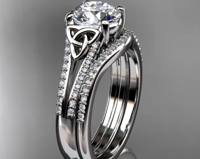 Celtic Engagement Ring Set 1 Carat Round Diamond 14K White Gold IGI Certified Matching Wedding Band Trinity Knot Bridal Set