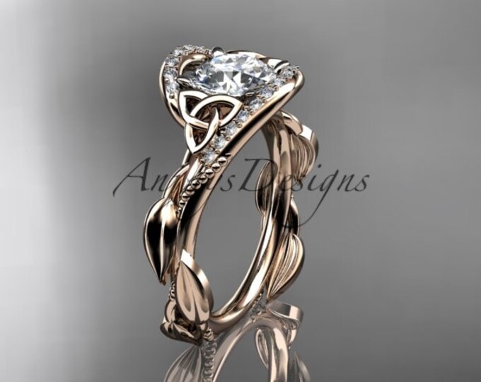 Leaf Moissanite Engagement Ring 14k Rose Gold Irish Celtic Trinity Knot Triquetra Wedding Ring For Women
