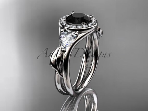 Unique Black Diamond Halo Engagement Ring 14k White Gold Leaf