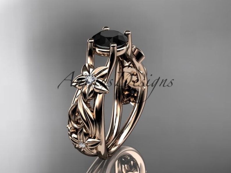 Platinum Black Diamond Flower Engagement Ring Nature Inspired Etsy