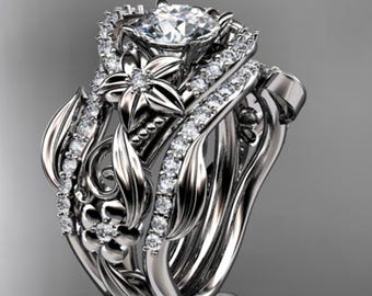 Nature Inspired Bridal Set 1 Carat Lab Grown Round Diamond 14k White Gold Flower Engagement Ring with Double Matching Diamond Band