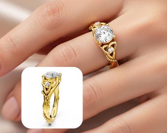 Celtic Engagement Ring 2 Carat Round Lab Grown Diamond Wedding Ring Celtic Knot Ring Nature Inspired 14k Yellow Gold