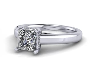 1 Carat Princess Cut Lab Grown Diamond Ring Hidden Halo Engagement Ring 14K White Gold Ring