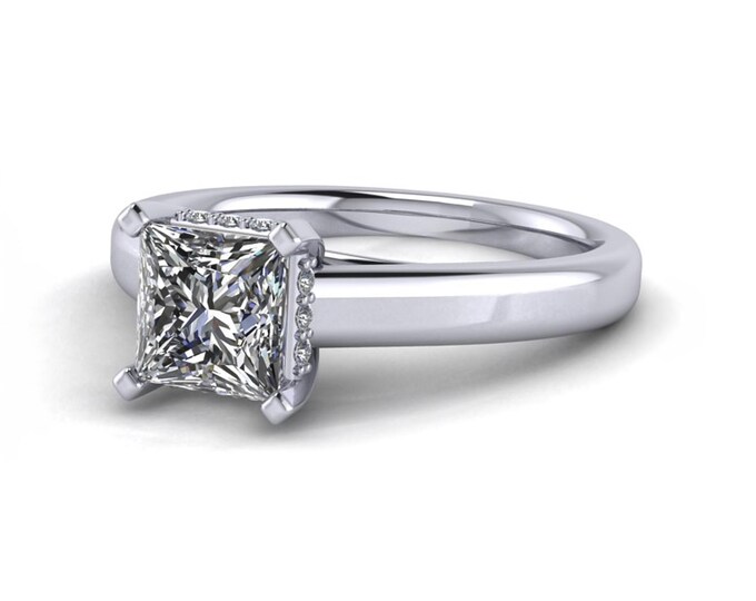 1 Carat Princess Cut Lab Grown Diamond Ring Hidden Halo Engagement Ring 14K White Gold Ring