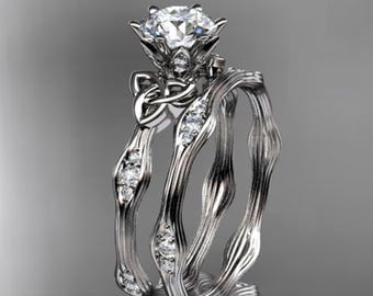 1 Carat D VS1 Clarity IGI Certified Round Cut Lab Grown Diamond Celtic Engagement Ring & Matching Band Wedding Set 14k Gold