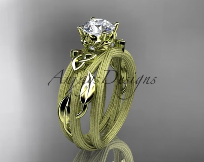 Celtic Knot Irish Engagement Ring White Sapphire Rings 14k Yellow Gold Matte Finish Leaf Vine Wedding Ring Anniversary Gift