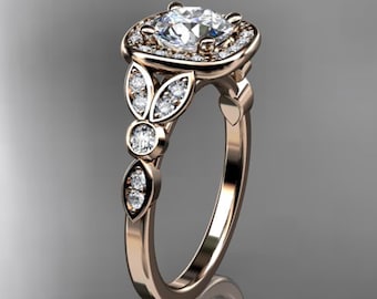 1 Carat Round Lab Grown Diamond Ring Leaf Halo Nature Inspired IGI Certified Ring 14k Rose Gold