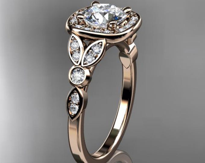 1 Carat Round Lab Grown Diamond Ring Leaf Halo Nature Inspired IGI Certified Ring 14k Rose Gold
