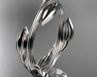 Nature Inspired Wedding Band 14k White Gold Leaf Vine Wedding Ring Dainty Band Minimalist 14k White Gold
