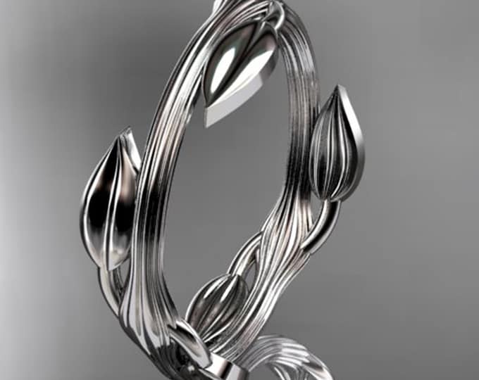 Nature Inspired Wedding Band 14k White Gold Leaf Vine Wedding Ring Dainty Band Minimalist 14k White Gold
