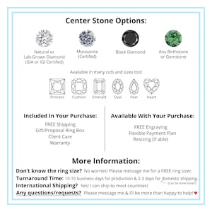 May include: A graphic illustrating various centre stone options for a ring, including natural or lab-grown diamonds, moissanite, black diamonds, and birthstones. The graphic also displays different cuts for the centre stone, such as princess, cushion, emerald, oval, pear, and heart.