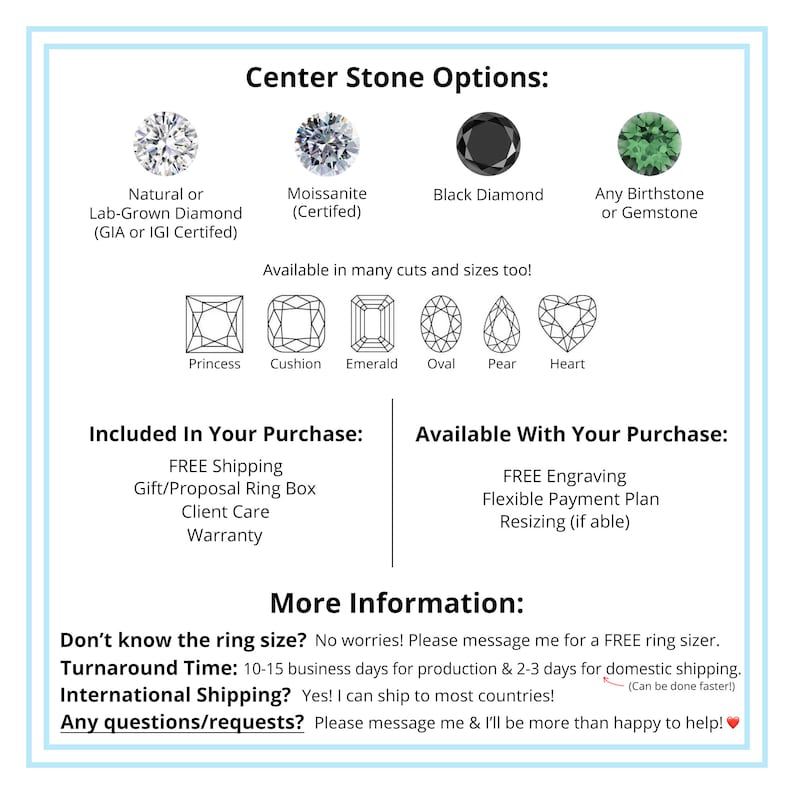 May include: A graphic illustrating various centre stone options for a ring, including natural or lab-grown diamonds, moissanite, black diamonds, and birthstones. The graphic also displays different cuts for the centre stone, such as princess, cushion, emerald, oval, pear, and heart.