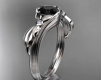 1 Carat Round Black Diamond Nature Inspired Engagement Ring in 14k White Gold Minimalist Round Diamond Ring