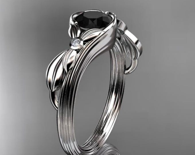 1 Carat Round Black Diamond Nature Inspired Engagement Ring in 14k White Gold Minimalist Round Diamond Ring