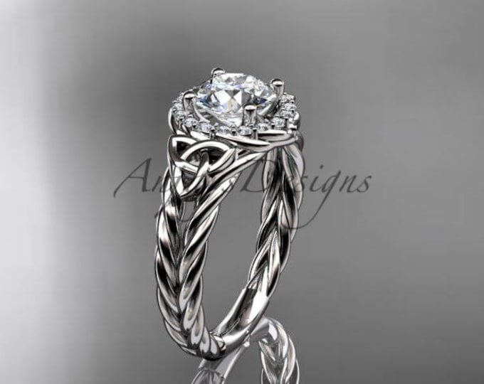 Celtic Irish Knot Halo Engagement Ring 14k White Gold White Sapphire Twisted Rope Unique Wedding Ring Anniversary Gift