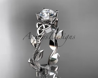 Moissanite Engagement Ring Nature inspired Ring 14kt white Gold Celtic Trinity Knot Wedding Ring Engagement Ring