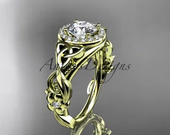 Unique Halo Diamond Floral Wedding Ring For Her 14k Yellow Gold Sapphire Engagement Ring