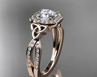 1 Carat D Color VS1 IGI Certified Lab Grown Round Cut Diamond Halo Engagement Ring Celtic Trinity Knot Ring 14k Rose Gold