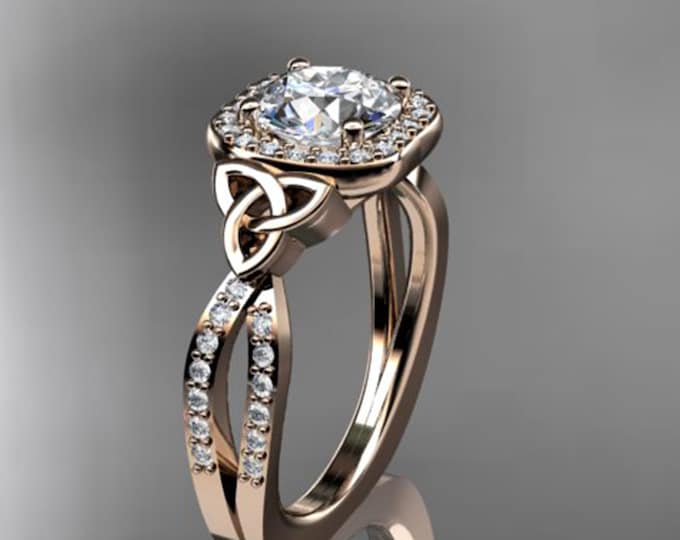 1 Carat D Color VS1 IGI Certified Lab Grown Round Cut Diamond Halo Engagement Ring Celtic Trinity Knot Ring 14k Rose Gold