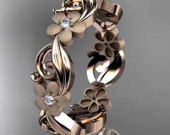 Diamond Flower Ring 14k Rose Gold Ring Nature Inspired Diamond Wedding Band Floral Band