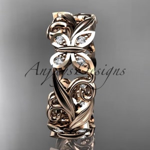 Unique Wedding Ring 14kt Rose Gold Diamond leaf and vine butterfly Wedding Ring Engagement Ring Wedding band image 2