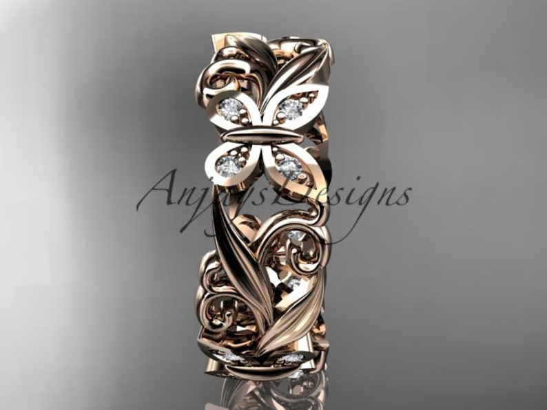 Unique Wedding Ring 14kt Rose Gold Diamond leaf and vine butterfly Wedding Ring Engagement Ring Wedding band image 2