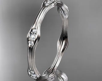 Petite Diamond Branch Wedding Band Thin Dainty Wedding Band Nature Inspired Delicate Ring 14K White Gold Band