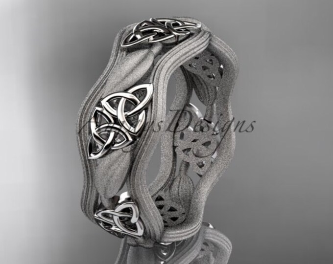 Irish Celtic Matte Gold Wedding Band Solid 14k White Gold Unique Women's Leaf Anniversary Ring Engagement Gift