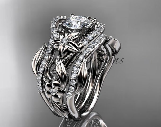 Unique Ring 14kt white Gold Diamond leaf and vine Engagement Ring with double matching band