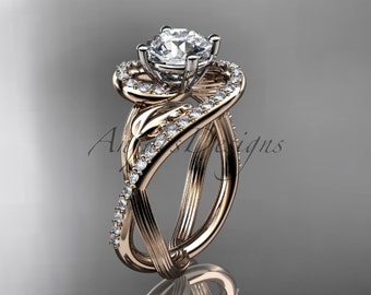 Leaf and Vine 14k Rose Gold Engagement Ring Sapphire Wedding Ring