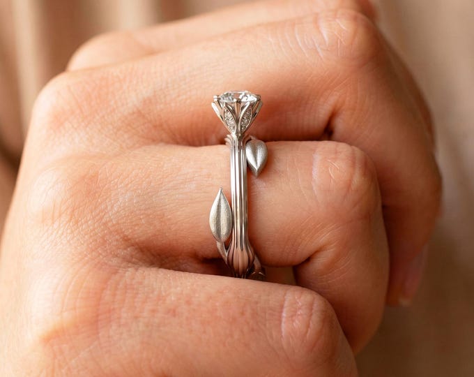 Nature Inspired Dainty Engagement Ring 1 Carat Round Lab Grown Diamond D VS1 14K White Gold IGI Certified