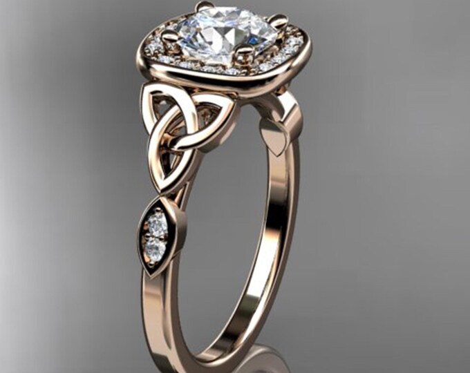 Celtic Engagement Ring 1 CT Round Lab Grown Diamond Halo Ring 14k Rose Gold CVD Diamond