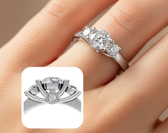 1.00 CT Round Cut Trilogy Ring Three Stone Ring 14k White Gold Past Present Future Lab Grown Diamonds
