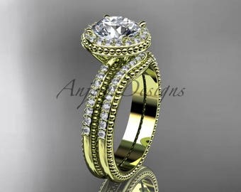 Halo Engagement Ring Set 14k Yellow Gold Half Diamond Eternity Wedding Band For Her Proposal Ring