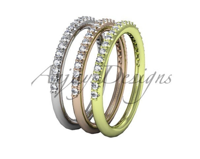 Half Diamond Stacking Eternity Ring 14k Solid Gold 2mm Thin Women's Wedding Band Minimalist Jewelry Anniversary Gift For Her