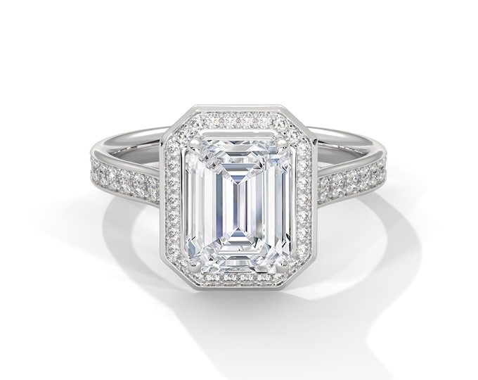 2 Carat Emerald Lab Grown Diamond Halo Engagement Ring IGI Certified Emerald Cut 14k White Gold