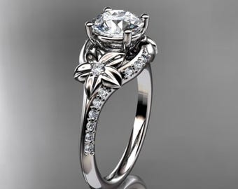 1 Carat Round Lab Grown Diamond Nature Inspired Engagement Ring Flower White Gold Nature Ring Floral Boho Ring