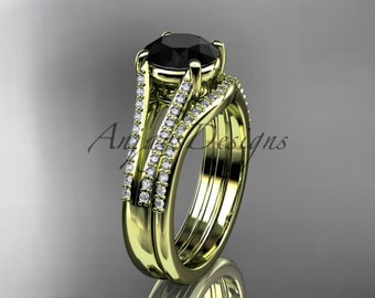 Round Cut Black Diamond Solitaire Wedding Ring Set 14k Yellow Gold Unique Engagement Set with Diamond Band