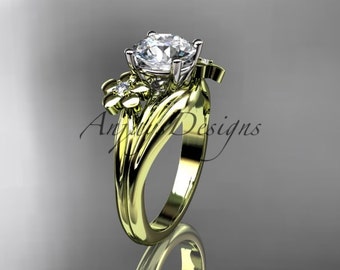 14k Yellow Gold Diamond Flower Engagement Ring Unique Sapphire Wedding Gift