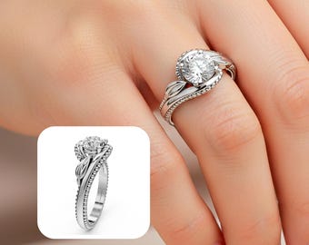 Unique Nature Inspired Engagement Ring 14k White Gold Ring 1 CT Lab Grown Diamond Floral Ring