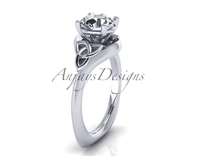 1 CT Lab Grown Diamond Round Solitaire Celtic Engagement Ring 14k White Gold Celtic Knot Irish Ring