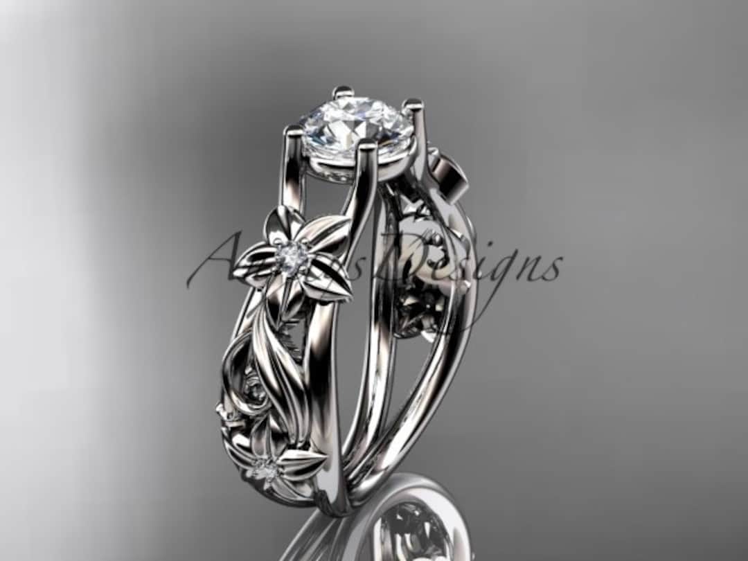 Unique White Gold Flower Engagement Ring Floral Wedding Ring 14k White